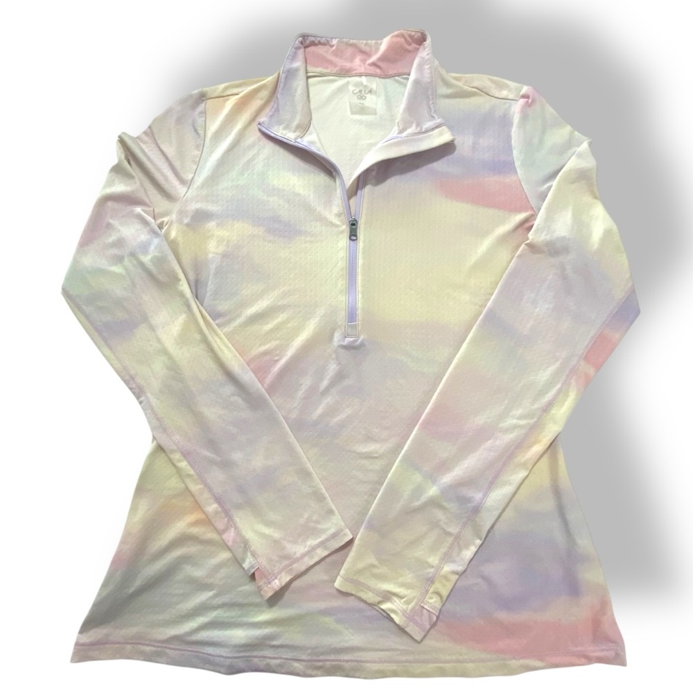 CALIA Pastel Watercolor 1/4 Zip Long Sleeve Thumbholes Pullover Top Medium